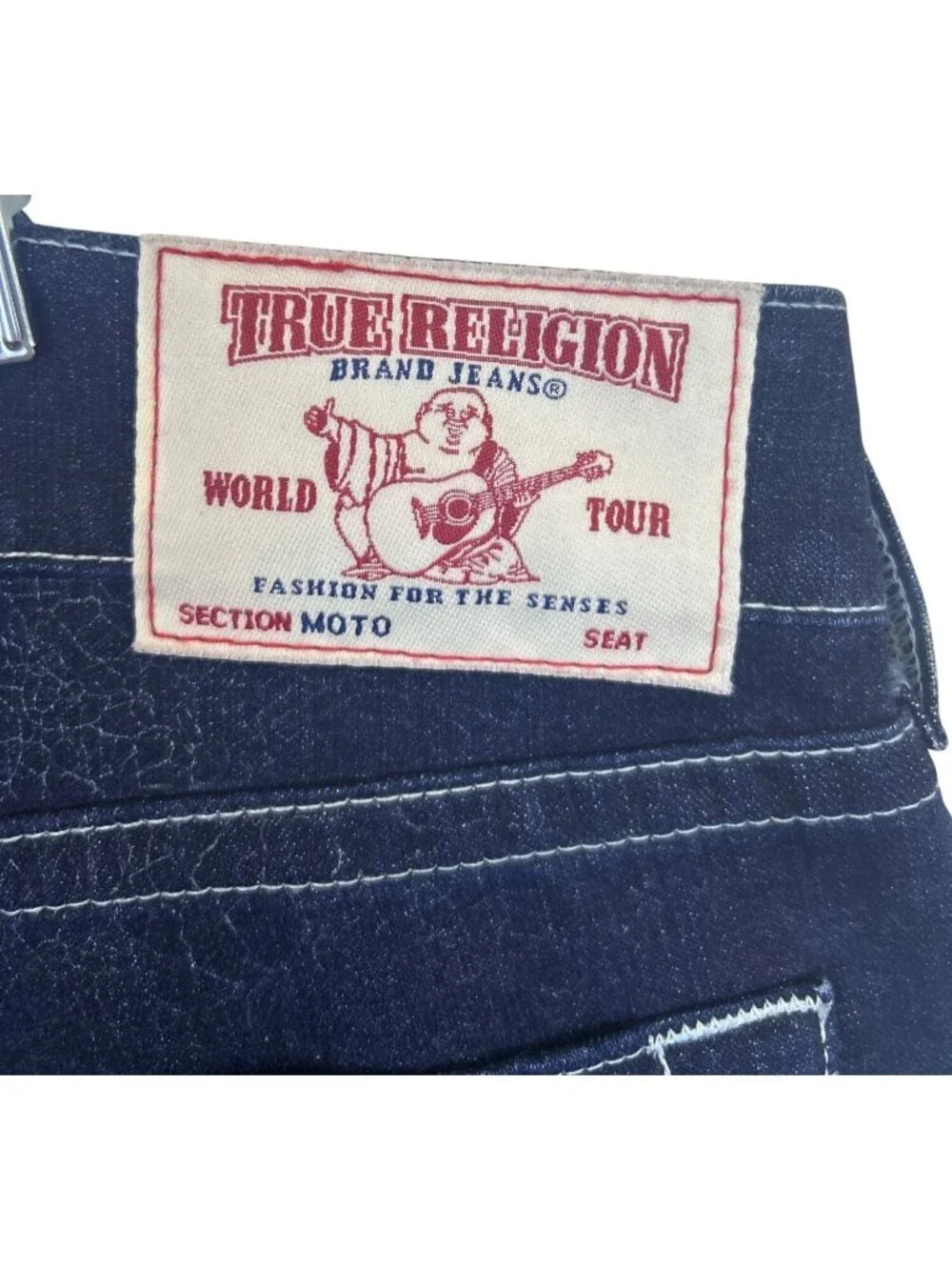 True Religion Moto Skinny Jeans Men's 34x28 Dark Wash Run Stitch Cracked Texture